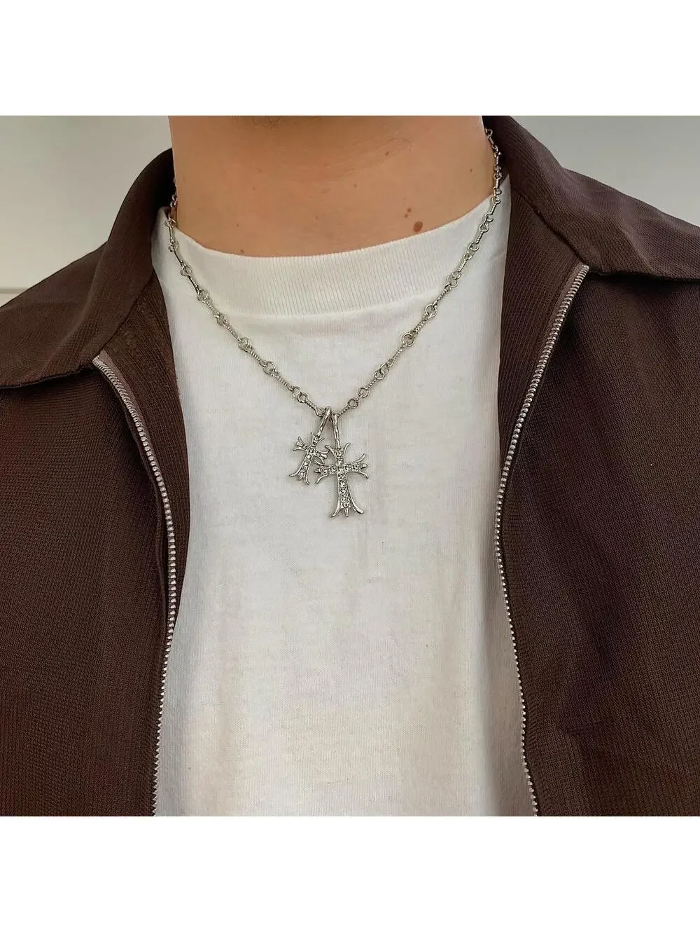 Vintage Cyber y2k style Double Cross Silver Necklace. Rhinestone Cross. 19.5 inc